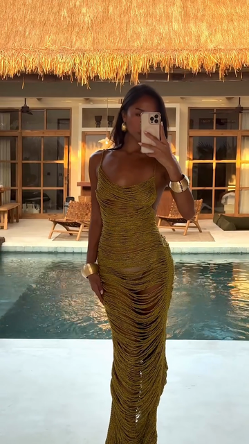 Gold Toned Fringed Maxi Dress