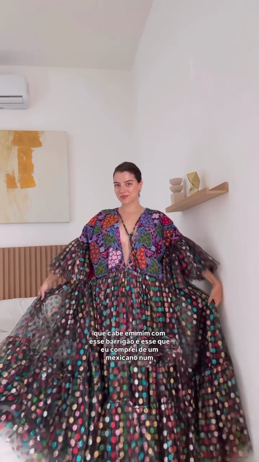 Colorful Embroidered Polka Dot Maxi Dress