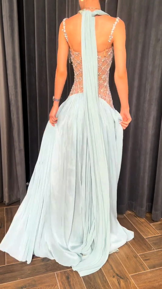 Light blue beaded evening gown
