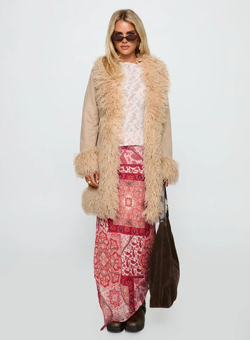 Faux Fur Trimmed Suede Coat