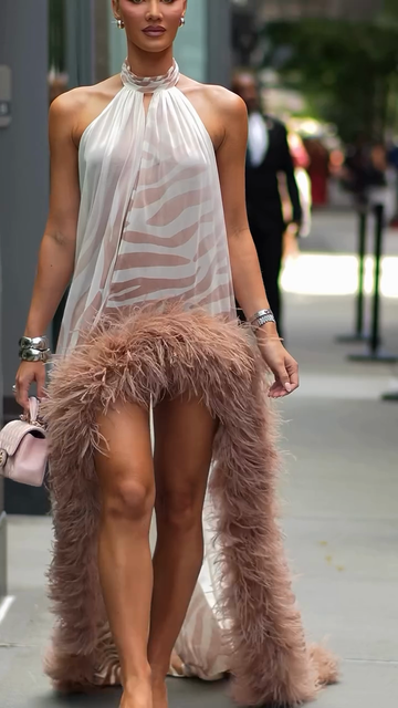 Feather-trimmed printed dress