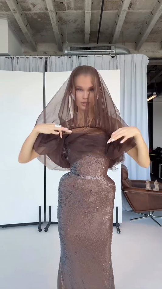 Brown sequined tulle off-the-shoulder gown
