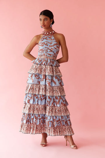 Blue & Brown Floral Print Tiered Halter Maxi Dress