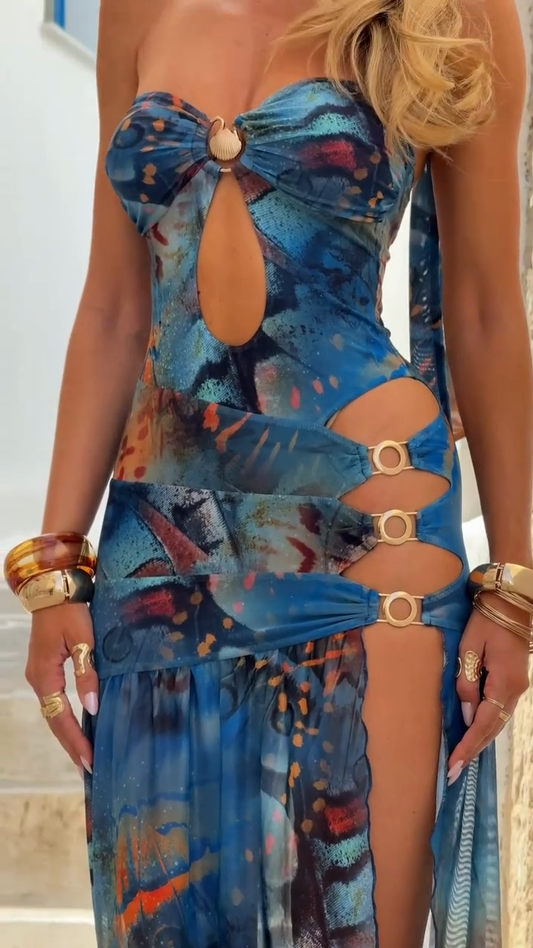 Blue Cutout Maxi Dress with Shell Accent