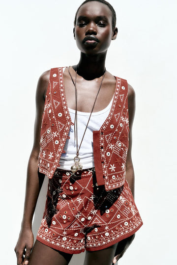 Earth Red Embroidered Vest + Shorts Set