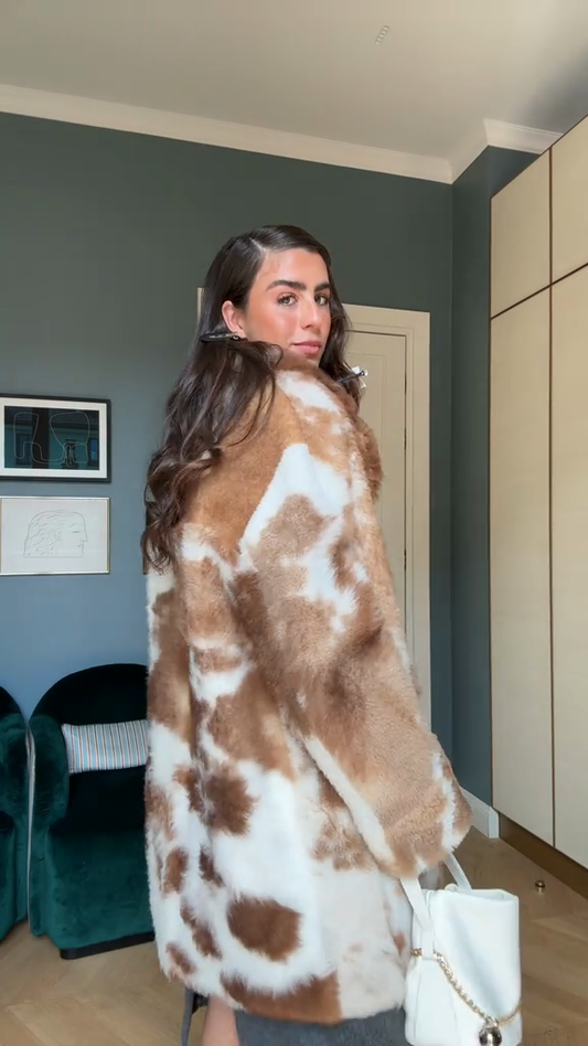 Brown and White Faux Fur Coat