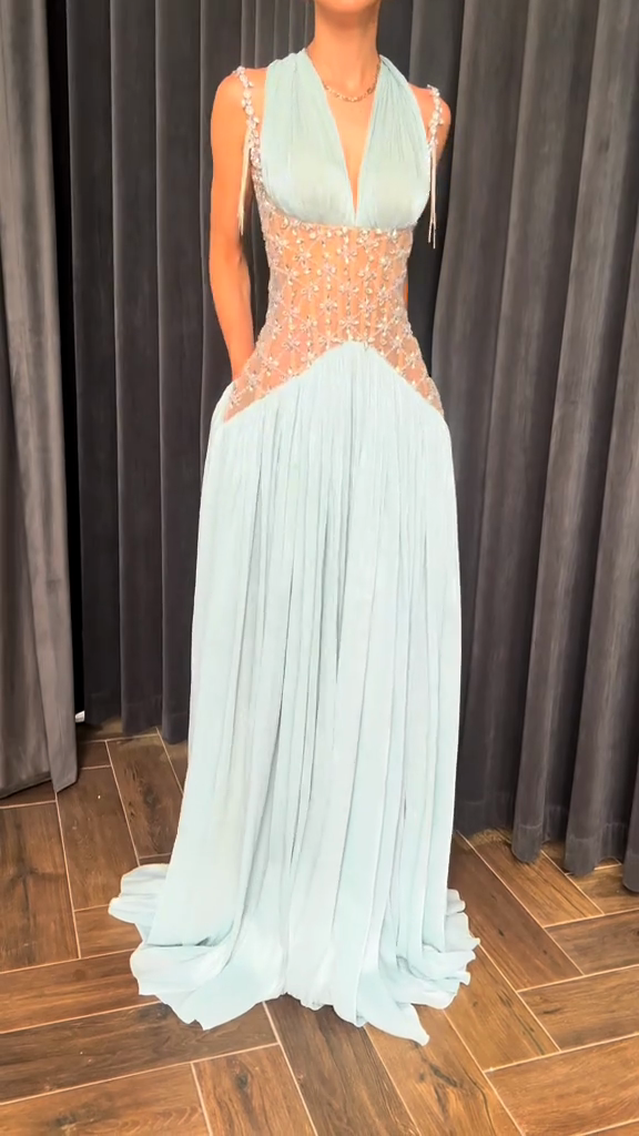 Light blue beaded evening gown