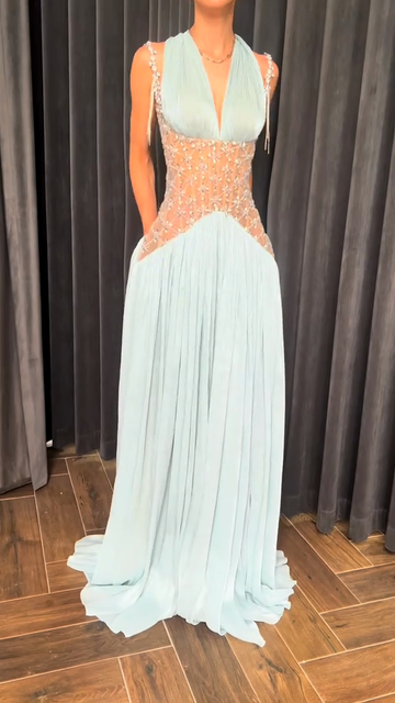 Light blue beaded evening gown