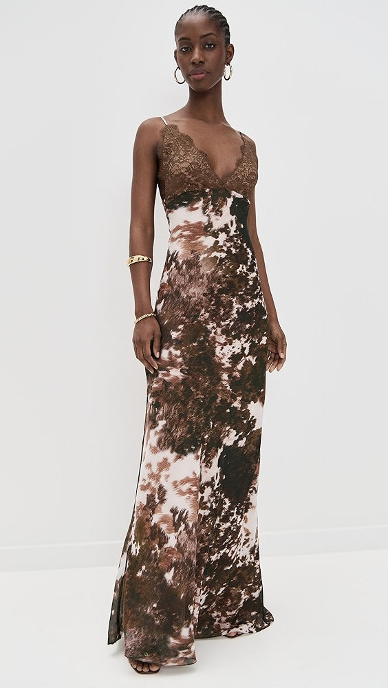 Brown Floral - Print Lace - Trimmed Maxi Dress