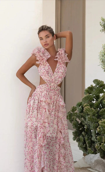 Pink Floral Print Ruffled Wrap Maxi Dress