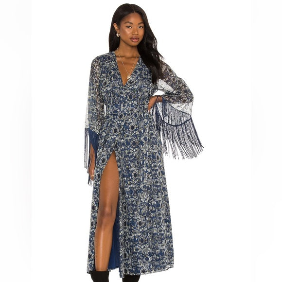 Blue Printed Sheer Sleeve Maxi Dress with Slit