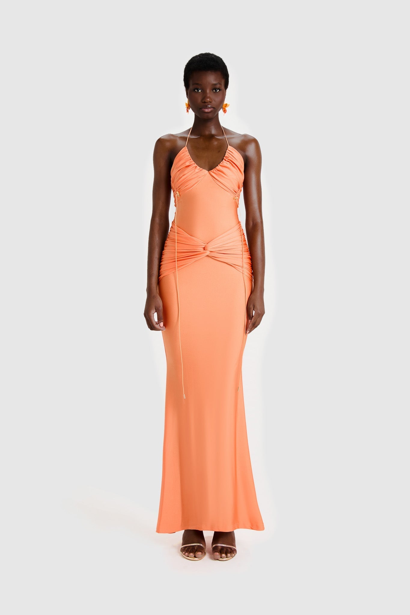 Peach Halter Neck Ruched Maxi Dress