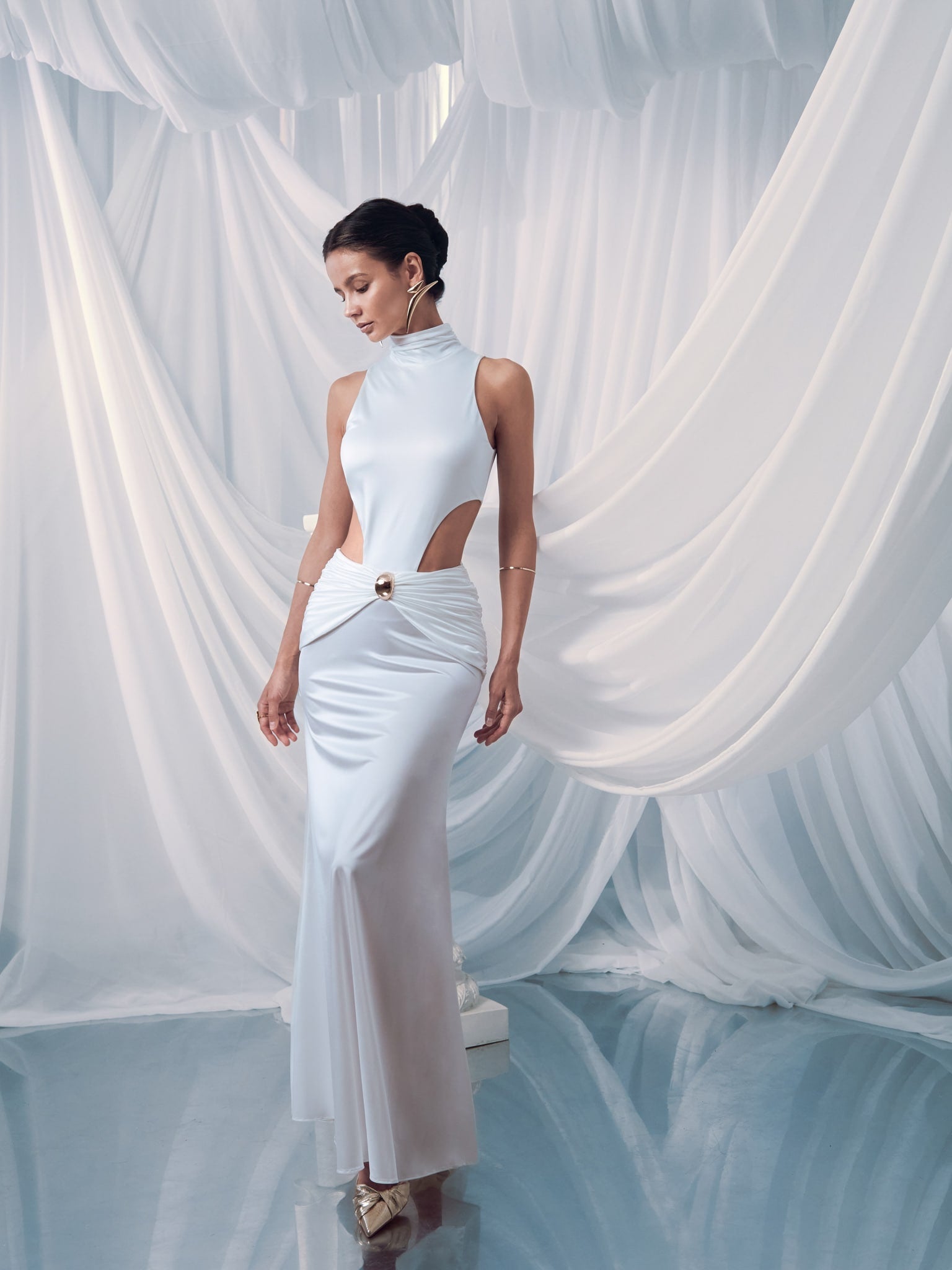 Draping Sleeveless Waist Cuts  Maxi Dress