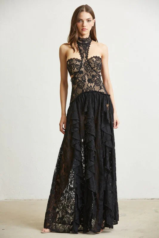 Delicate High-Neck Cut Out Ruffle Maxi Dress