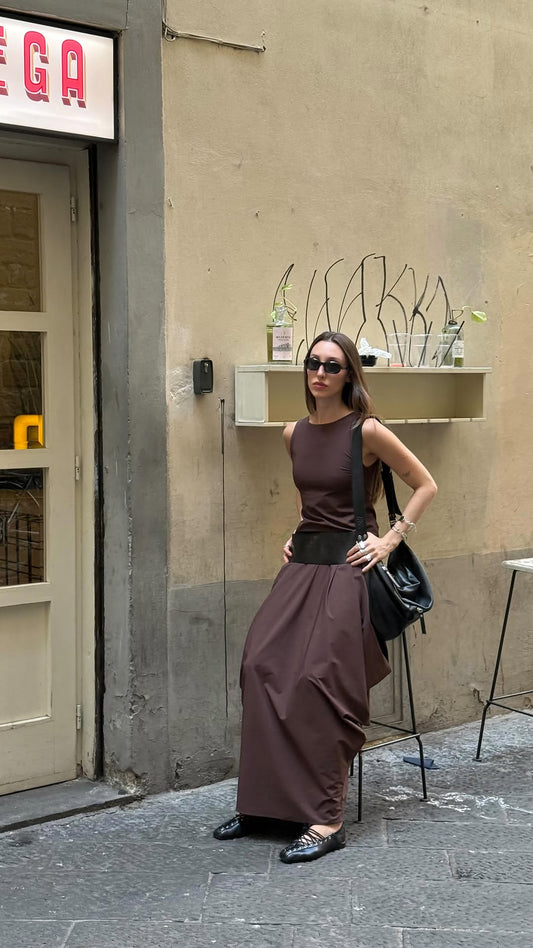 Brown Sleeveless Black Belted Maxi Dress