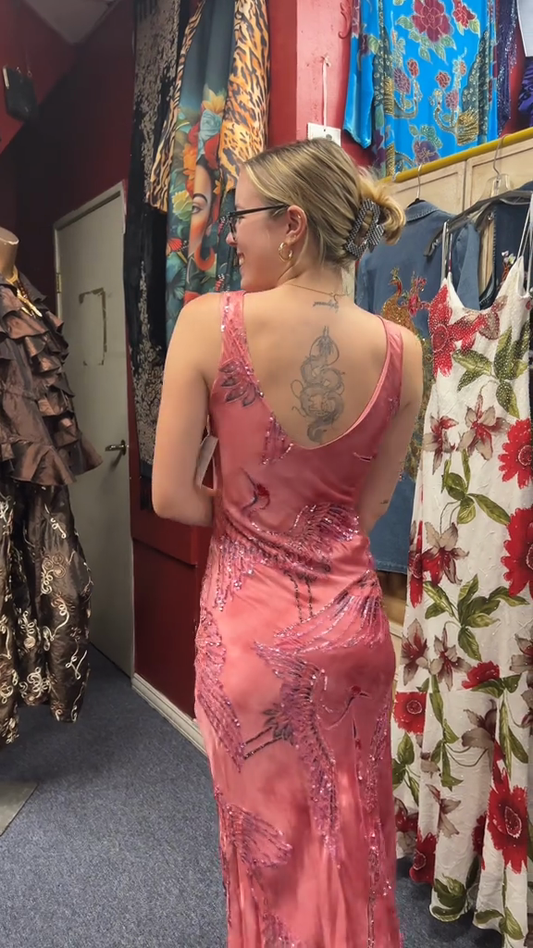 Pink embroidered sequined evening gown