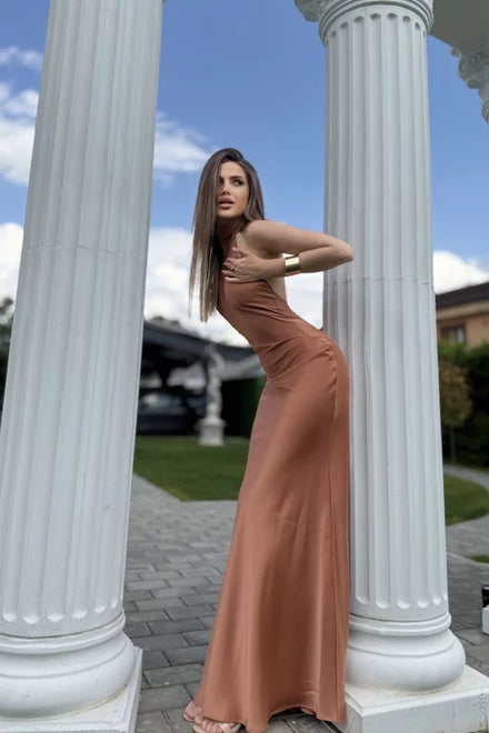 Brown Halter Neckline Maxi Dress