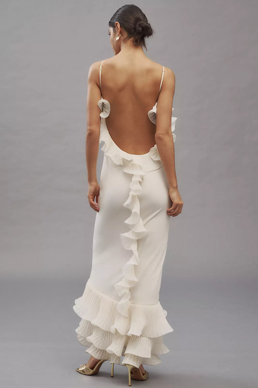 White Ruffle Spaghetti Strap Maxi Dress