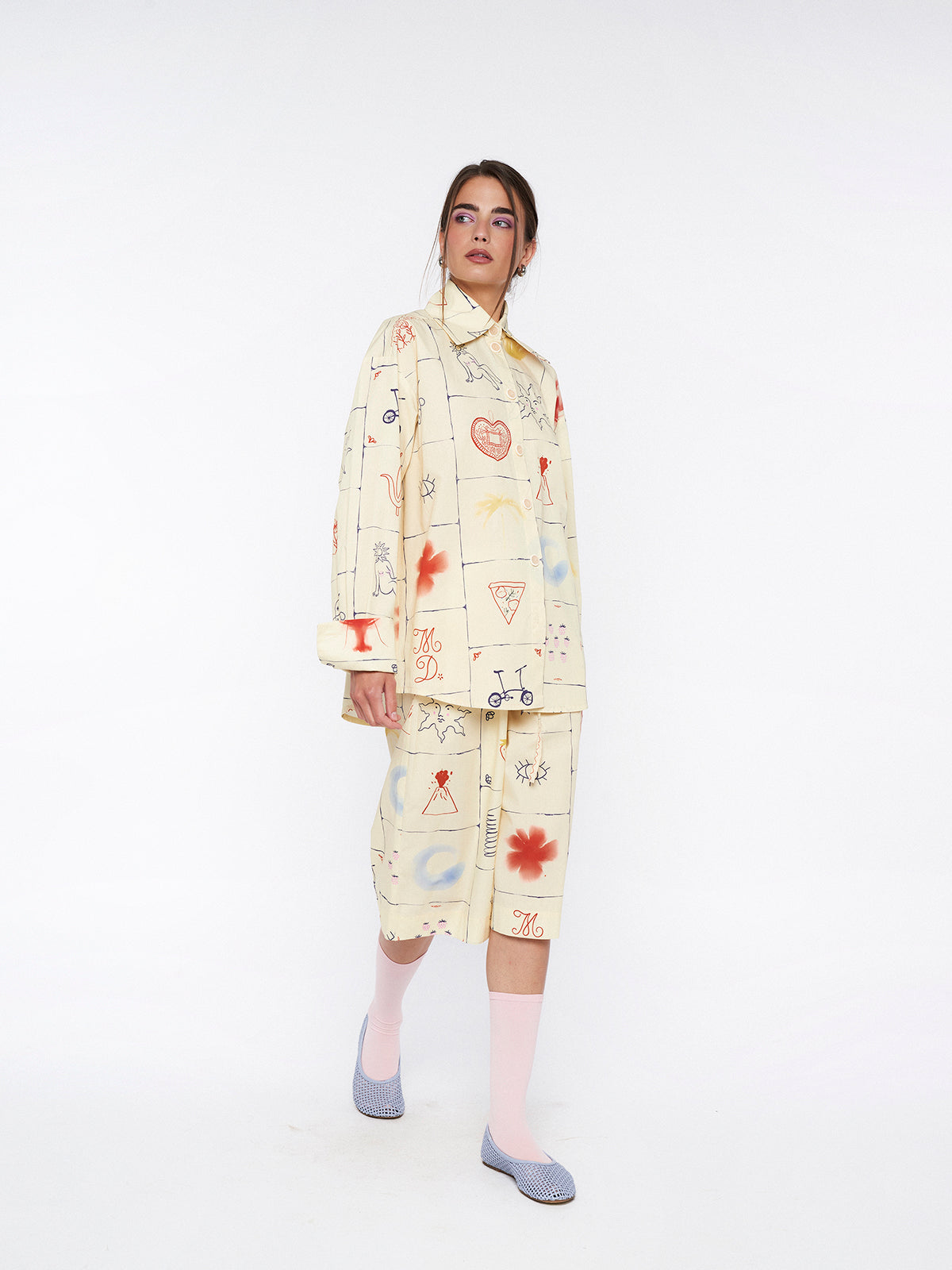 Printed Button - Up Shirt & Shorts Pajama Set