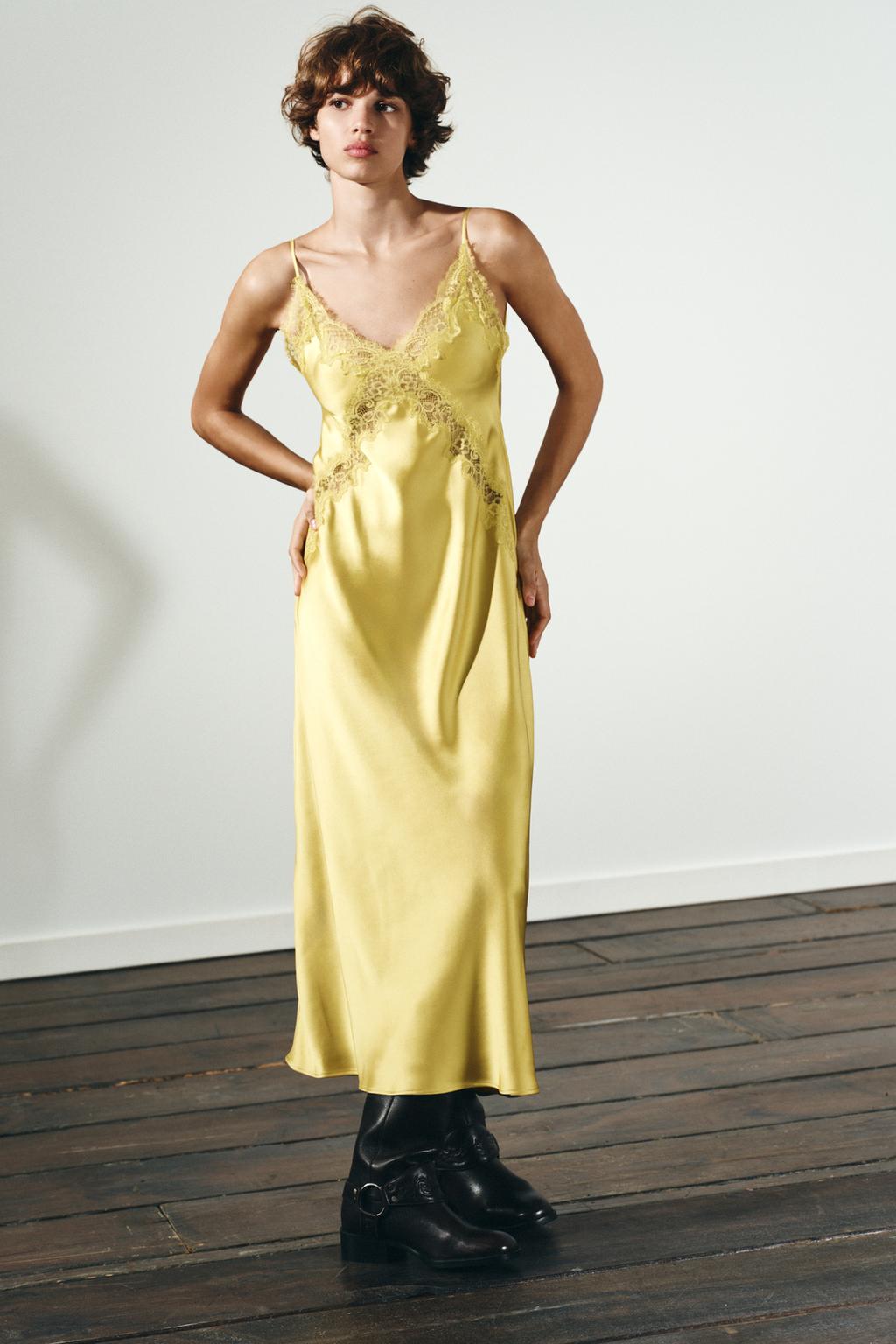 Yellow satin lace slip dress
