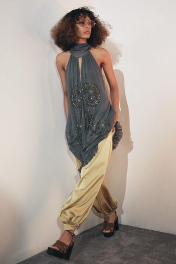 Grey Halter Neck Embellished Maxi Dress