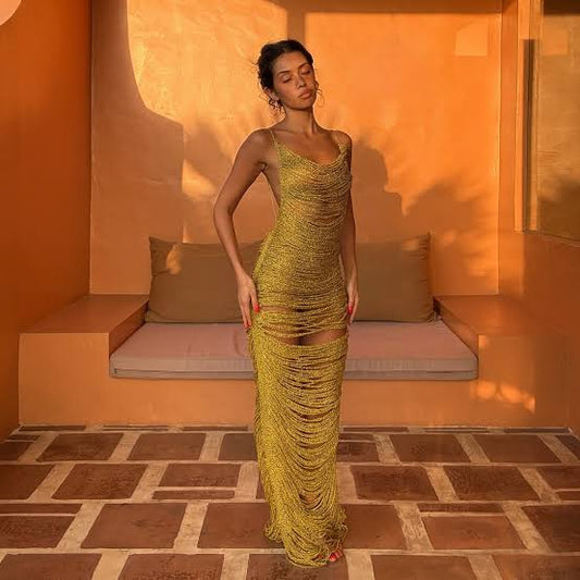 Gold Toned Fringed Maxi Dress
