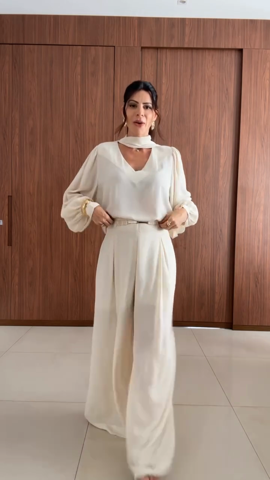 Creamy White Chiffon Top & Wide - Leg Pants Set