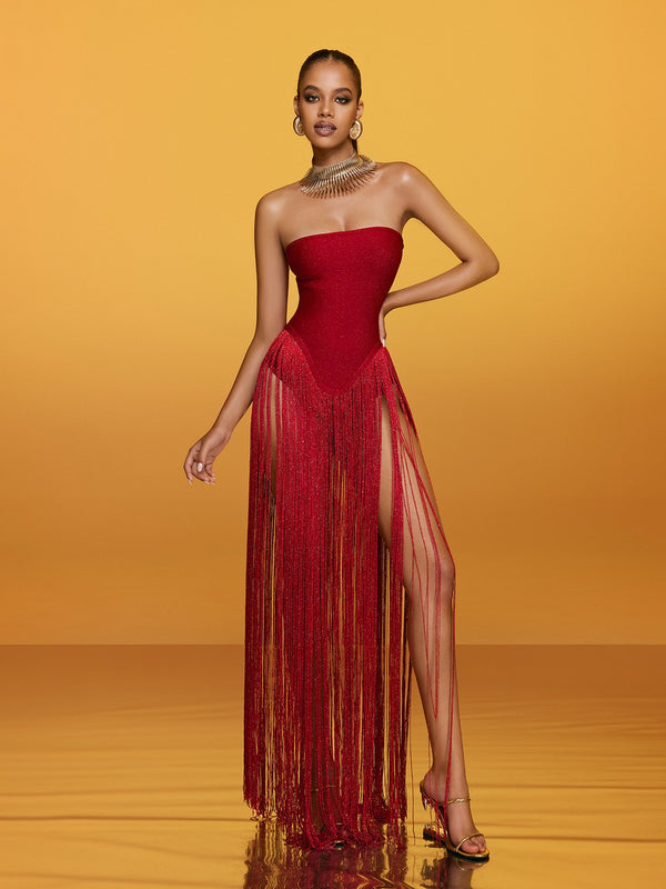 Red off-shoulder tassel maxi dress