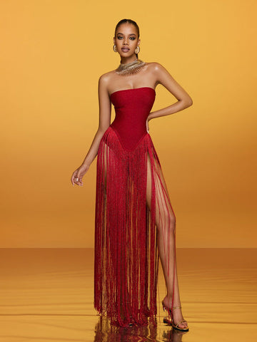 Red off-shoulder tassel maxi dress